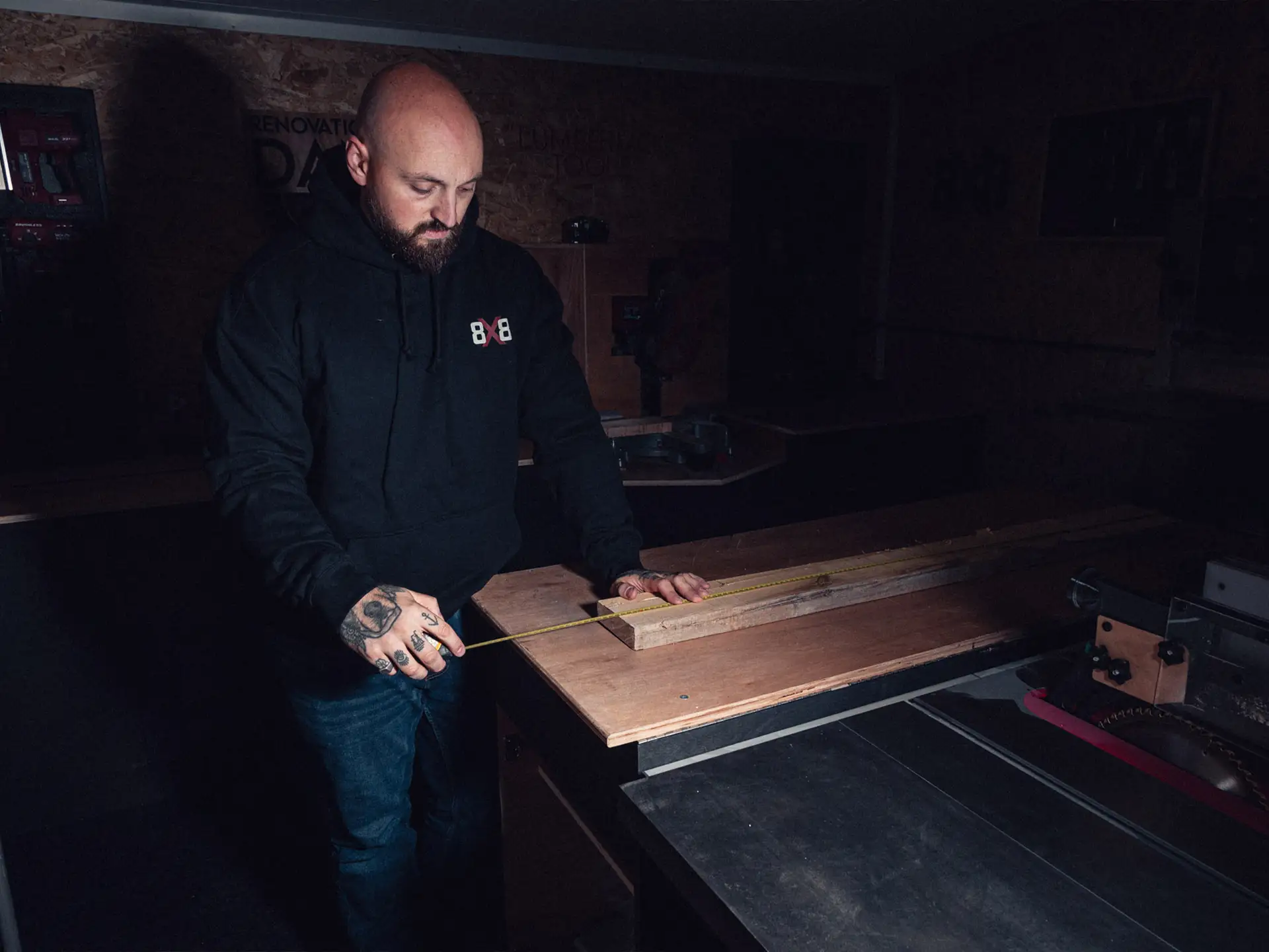 8×8 black hoodie in the workshop