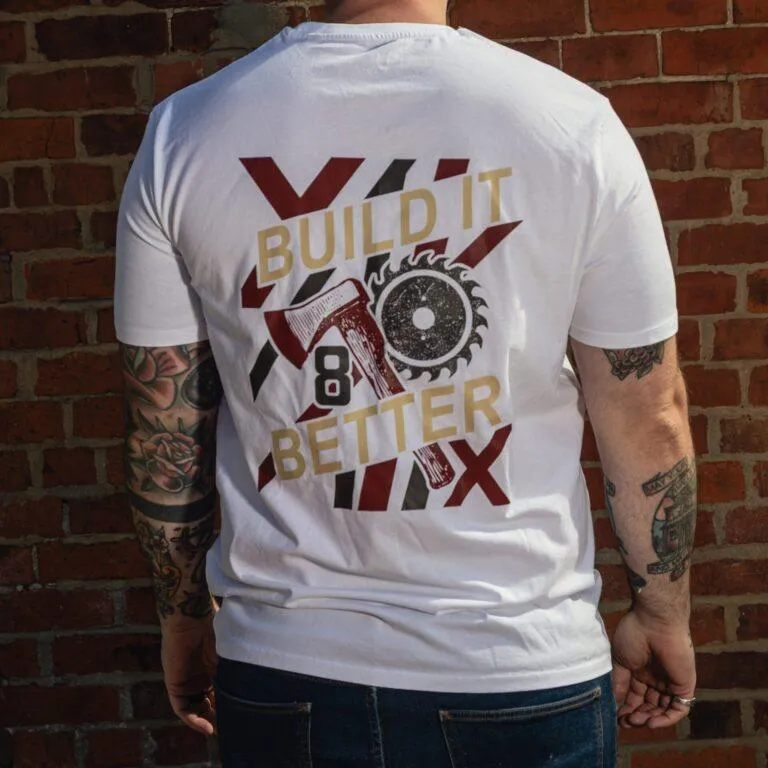 Back view of the white 8x8 Build It Better T-shirt showing the large graphic.