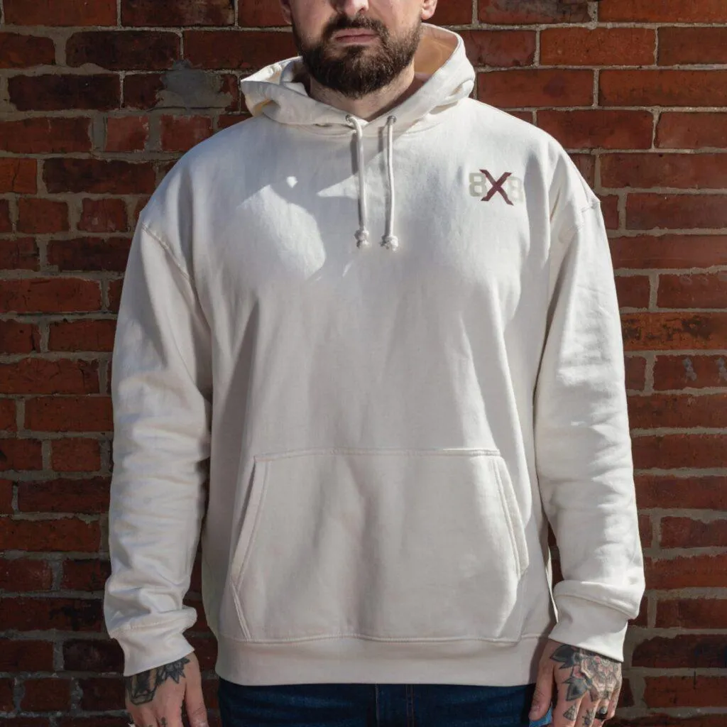 Front view of the Natural Raw 8x8 hoodie with small chest logo.