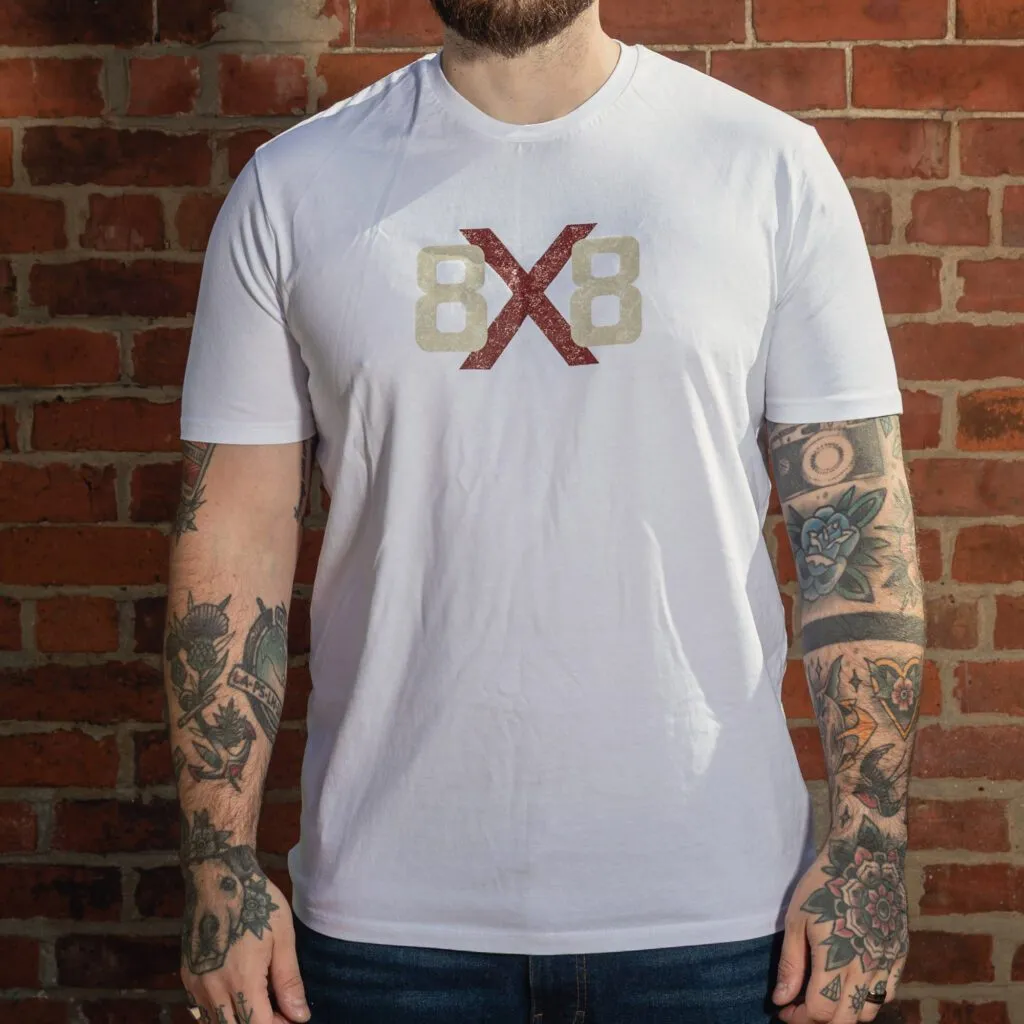 Front view of the white 8x8 OG T-shirt with large distressed 8x8 chest logo.
