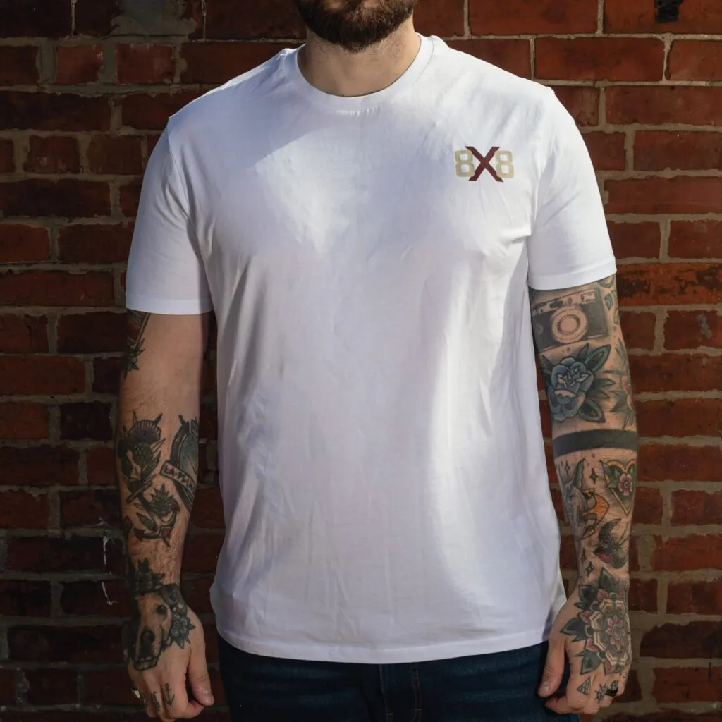 Front view of a white 8x8 T-shirt with the small chest logo.